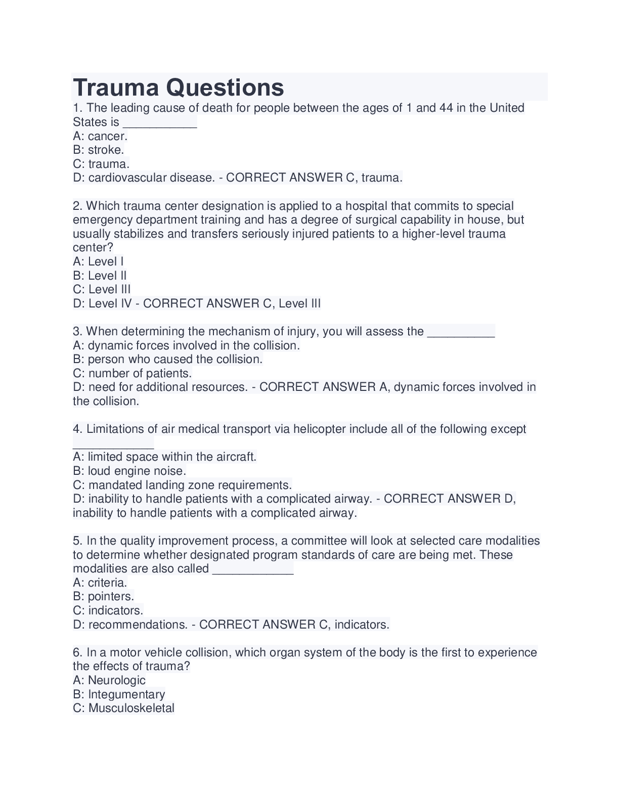 Preview image of Trauma Questions document